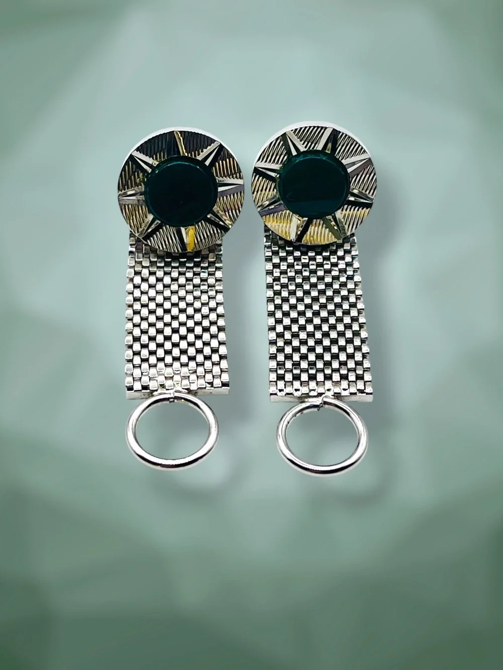 Vintage Mid Century Silver Tone Green Cabochon Mesh Wrap Cufflinks